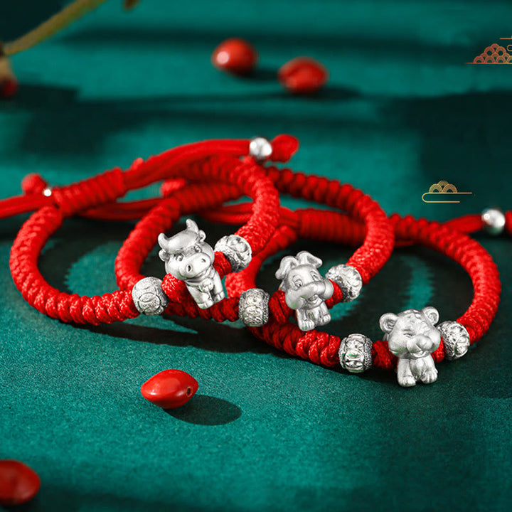 Braccialetto per bambini fatto a mano in corda rossa con Buddha Stones, in argento sterling 999, con zodiaco cinese