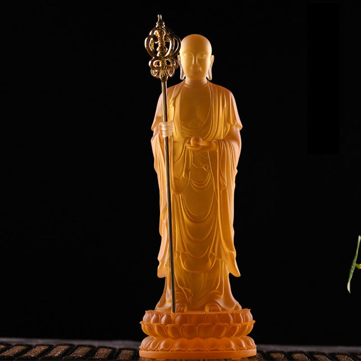Buddha Stones fatte a mano Ksitigarbha Bodhisattva Figurina Liuli Cristallo Pezzo d'arte Statua della serenità Decorazione per la casa