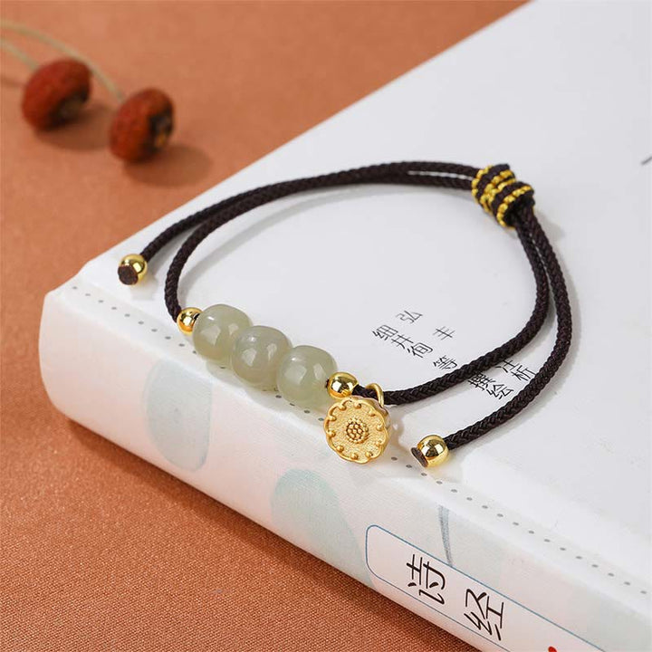 Bracciale intrecciato con perline di Buddha Stones Hetian fatte a mano con baccello di loto, prosperità e fortuna