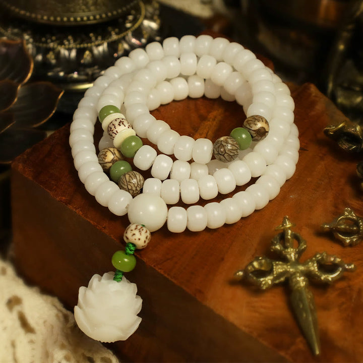 Collana con bracciale in giada bianca Bodhi Lotus Mala Harmony Buddha Stones