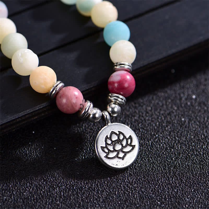 Buddha Stones Lazurite Picasso Jasper Amazzonite Rodonite Apatite Braccialetto di perline di preghiera di loto positivo