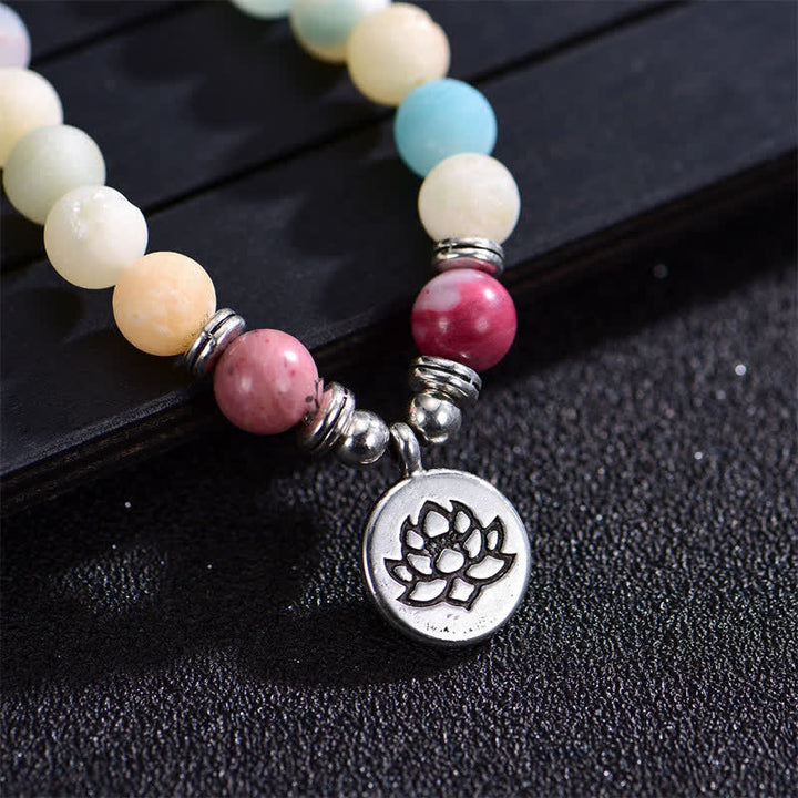 Buddha Stones Lazurite Picasso Jasper Amazzonite Rodonite Apatite Braccialetto di perline di preghiera di loto positivo