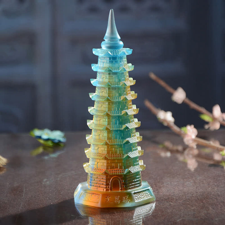 Torre di Wenchang Feng Shui fatta a mano in cristallo Liuli Pagoda Pezzo d'arte Fortuna Decorazione per ufficio in casa