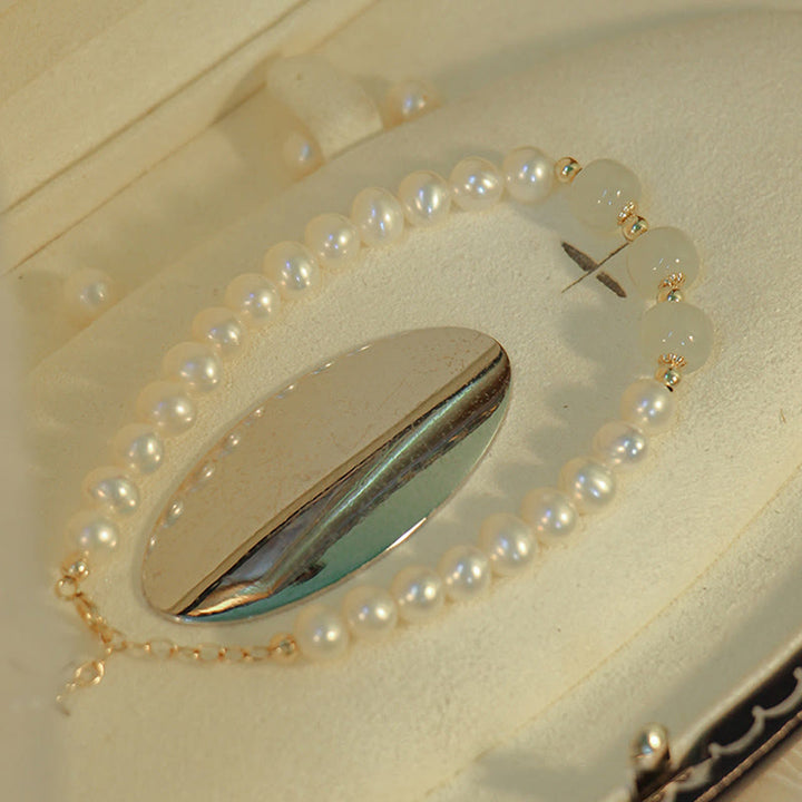 Braccialetto a catena con perle di sincerità in giada bianca e giada ciano di Hetian, placcato in oro 14K