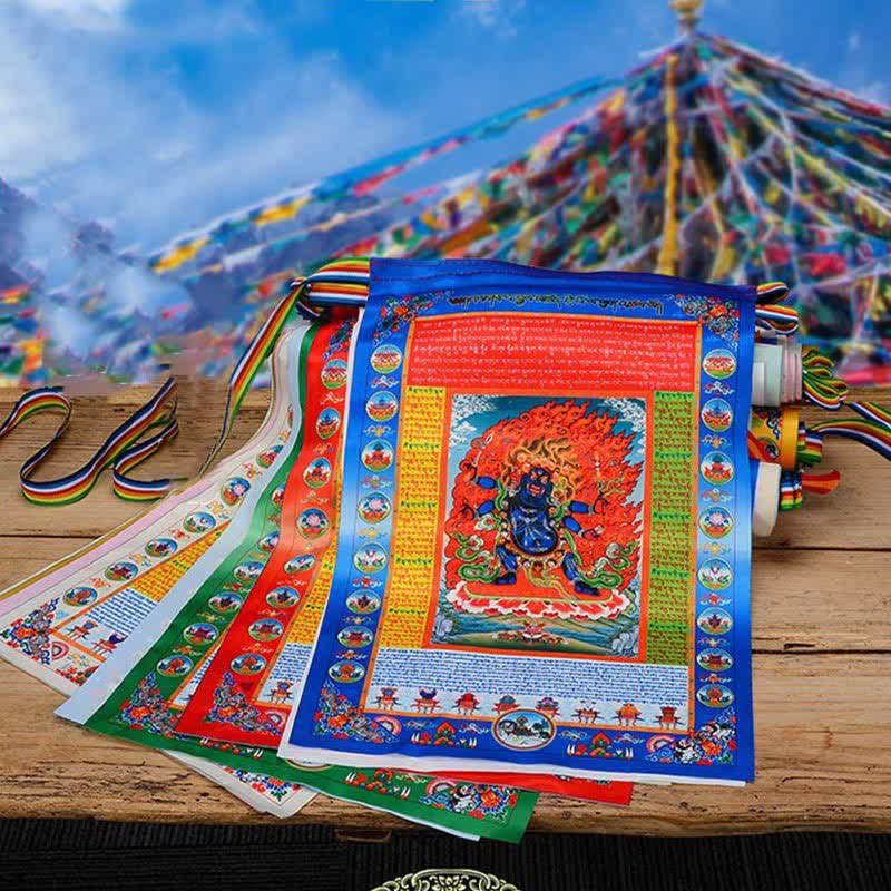 Buddha Stones Bandiera tibetana a 10 colori raffigurante il Buddha del Cavallo del Vento, simbolo di guarigione e buon auspicio per la preghiera all'aperto. - 5 metri - image 0