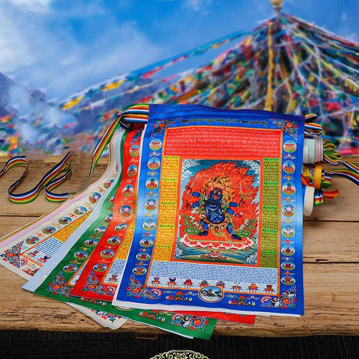 Buddha Stones Bandiera tibetana a 10 colori raffigurante il Buddha del Cavallo del Vento, simbolo di guarigione e buon auspicio per la preghiera all'aperto. - 5 metri - image 0