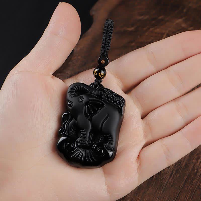 Collana con ciondolo portachiavi in corda di protezione per elefante in ossidiana nera