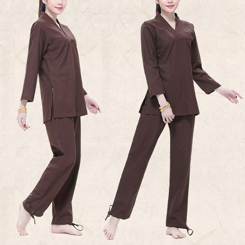 Buddha Stones Zen Pratica Yoga Meditazione Preghiera Scollo a V Design Uniforme Cotone Lino Abbigliamento Donna Set - image 11