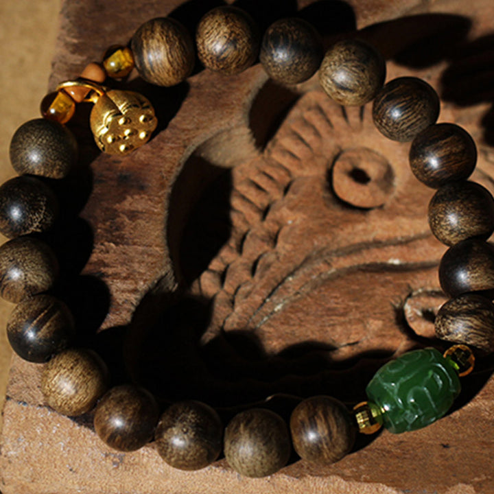 Bracciale Buddha Stones 999 Oro Brunei Agarwood Giada Ciano Fiore di Loto Pace Forza