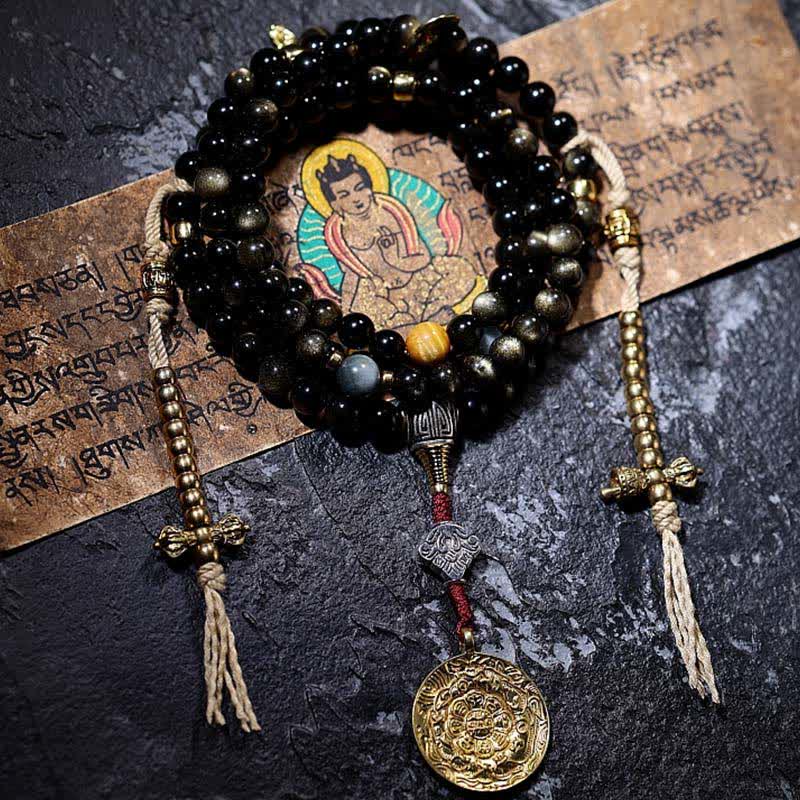 Buddha Stones 108 Mala Beads Oro Lucente Ossidiana Occhio di Tigre Pietra Occhio d'Aquila Bracciale della Ricchezza