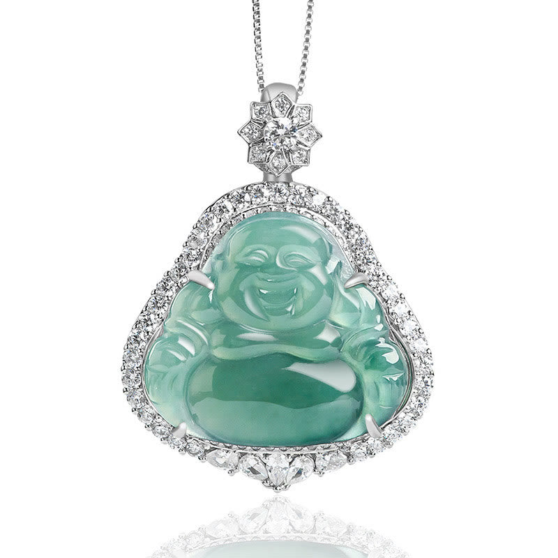 Collana con Buddha Stones in argento sterling 925 con ciondolo a forma di Buddha che ride in giada naturale con catena portafortuna e abbondanza - Buddha che ride (Felicità♥Ricchezza) - image 1