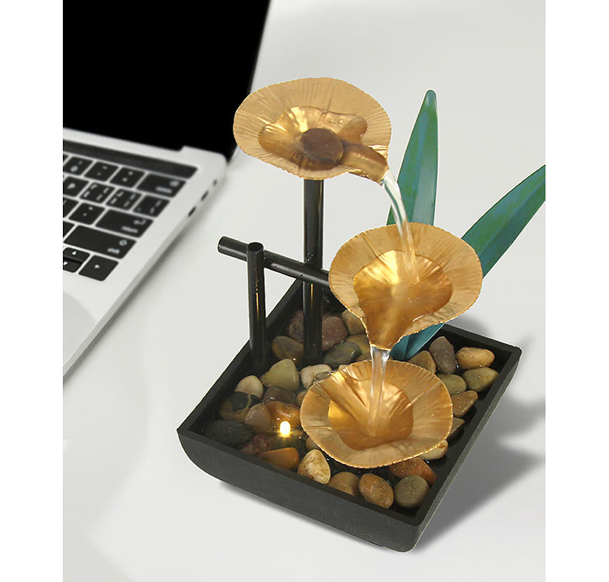 Buddha Stones Tre strati Fontana a cascata Ornamenti da tavolo di loto con rocce di fiume Decorazione da tavolo