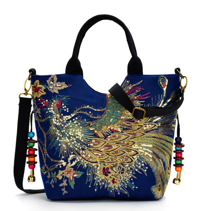 Borsa a tracolla con ricamo a doppia faccia con Buddha Stones e pavone
