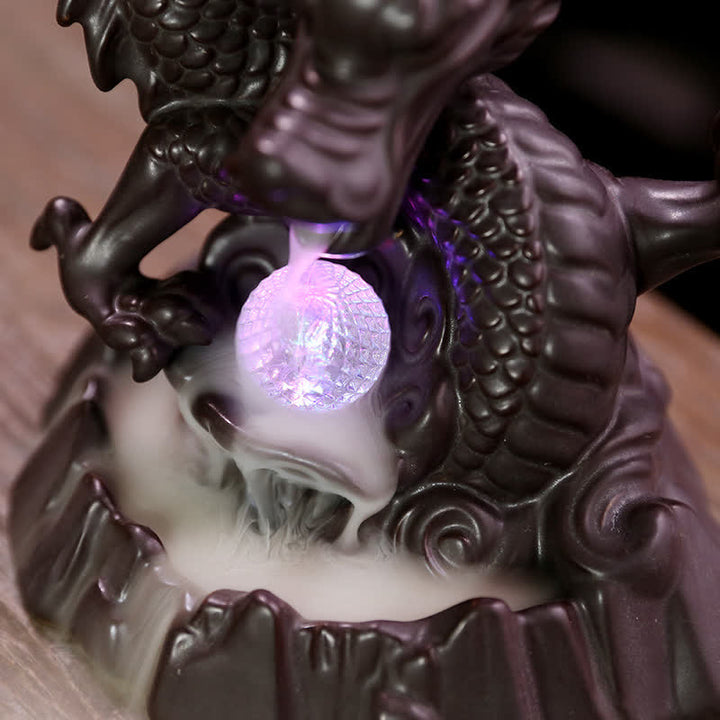 Buddha Stones Drago di buon auspicio Fontana di fumo a riflusso in ceramica Bruciatore di incenso di guarigione Meditazione Decorazione a sfera a LED