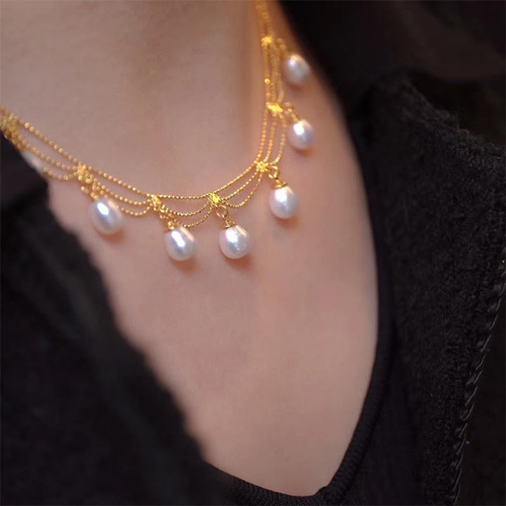 Collana con ciondolo multistrato di perle curative placcate in oro 14K vintage