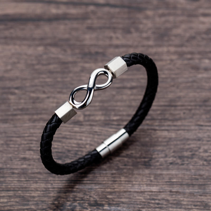 Bracciale Buddha Stones Endless Knot in acciaio al titanio con intreccio in pelle e bilanciamento