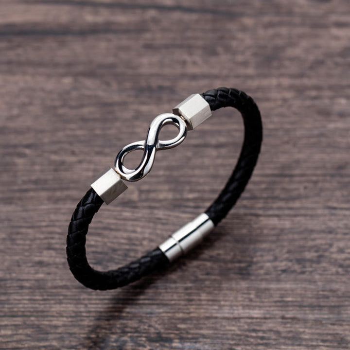 Bracciale Buddha Stones Endless Knot in acciaio al titanio con intreccio in pelle e bilanciamento