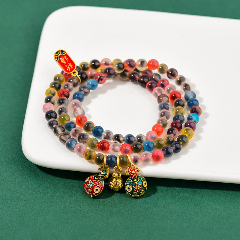 Buddha Stones Caramella Colorata Agata Oro Deglutizione Bestia Famiglia Forza Ciondolo Bracciale Triplo Avvolgimento
