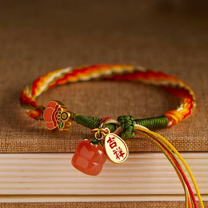 Braccialetto con corda intrecciata con nodo di reincarnazione in agata rossa e cachi Buddha Stones