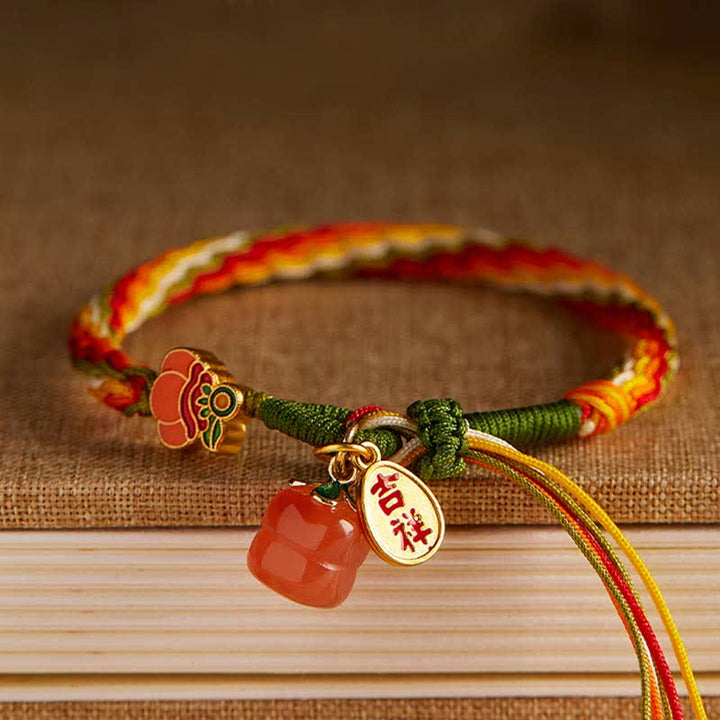 Braccialetto con corda intrecciata con nodo di reincarnazione in agata rossa e cachi Buddha Stones