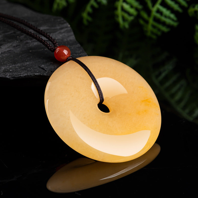 Collana con ciondolo Buddha Stones Round, giada di seta dorata, fibbia della pace e ricchezza