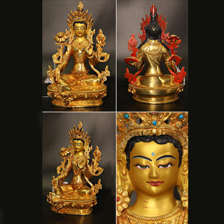 Bodhisattva Tara Chenrezig Avalokitesvara a quattro braccia Protezione Statua placcata in oro e rame Decorazione