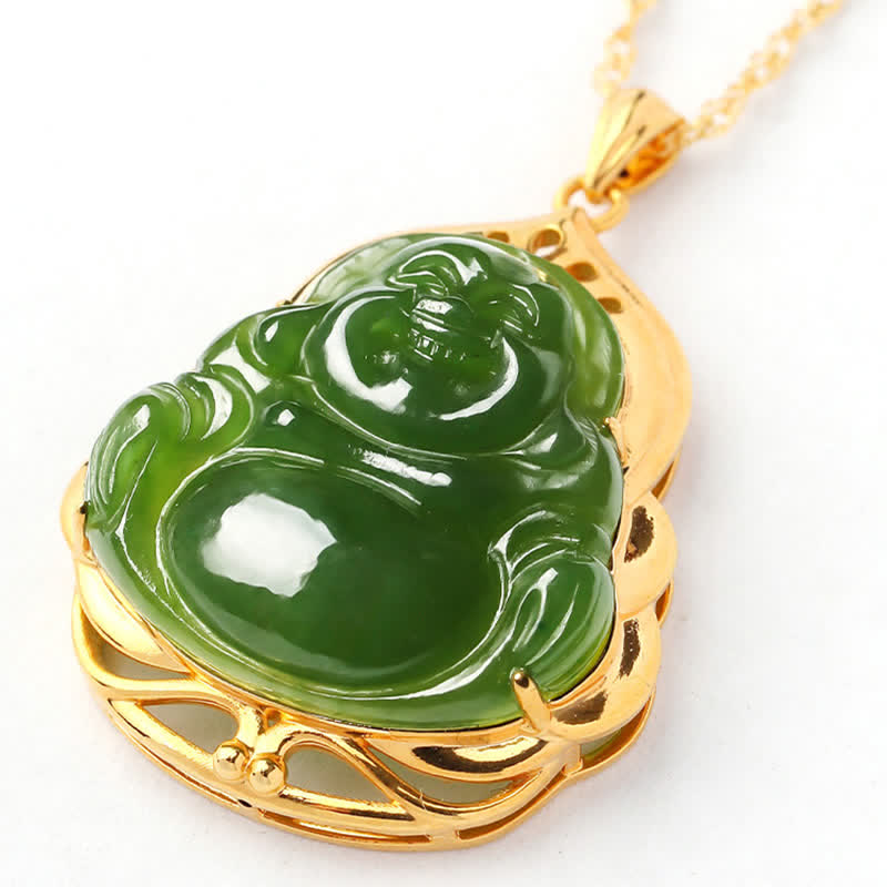 Collana con ciondolo a forma di Buddha che ride in argento sterling 925, giada ciano naturale di Hetian, oro 18 carati, catena di guarigione - image 9
