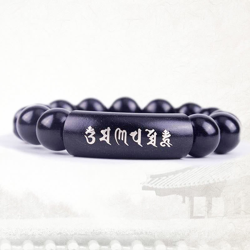 Bracciale intarsiato in legno di ebano con Buddha Stones in argento sterling 999 Om Mani Padme Hum