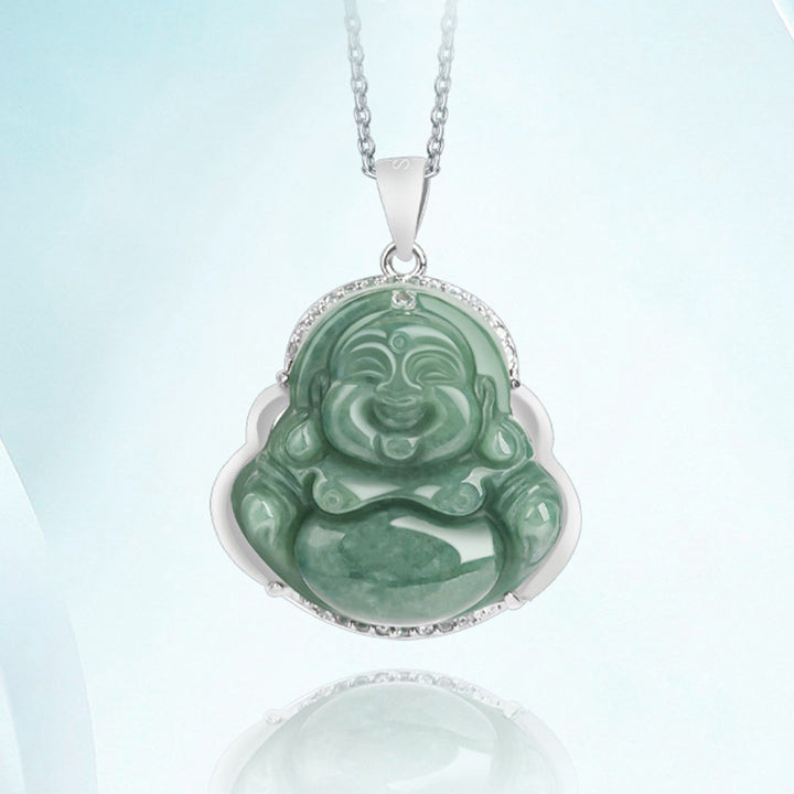 Collana con ciondolo a Buddha Stones in argento sterling 925 con Buddha che ride e giada, abbondanza - image 5