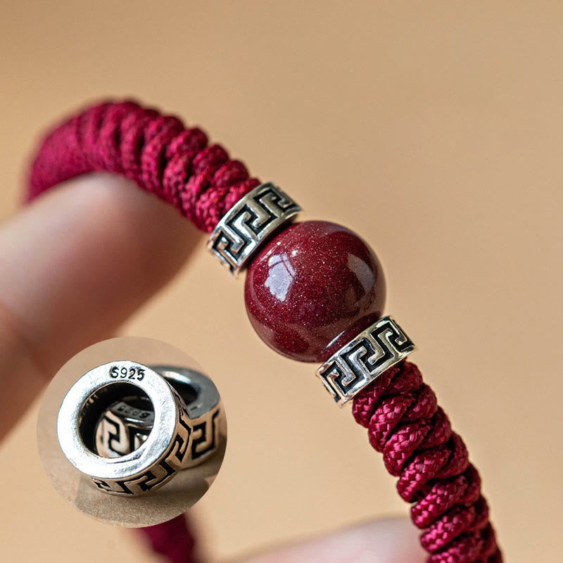 Braccialetto in corda intrecciata fatto a mano con perline di cinabro naturale in argento sterling 925 Buddha Stones