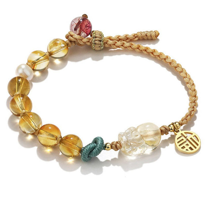 Braccialetto intrecciato con corda di prosperità del carattere PiXiu Fu di Buddha Stones Citrine