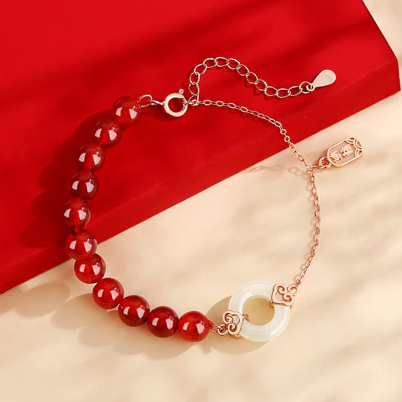 Bracciale Buddha Stones 925 Sterling Silver Agata rossa naturale Giada bianca Fibbia della pace Braccialetto di fiducia