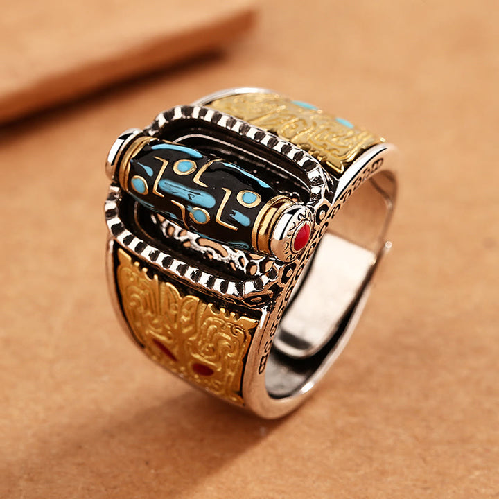 Buddha Stones Tibetano Nove Occhi Dzi Bead Ricchezza Benedizioni Anello Rotante