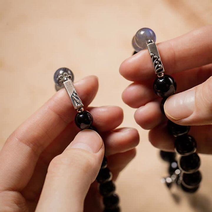 Bracciale di coppia in argento sterling 925 con pietra di luna e ossidiana
