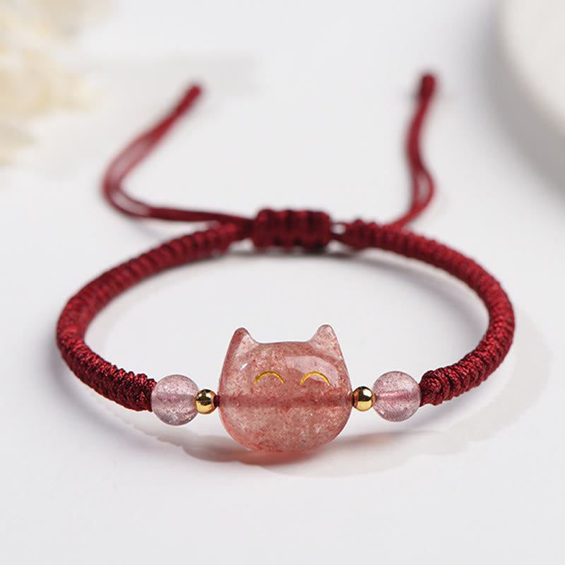 Braccialetto intrecciato con protezione per gatti carino, in ossidiana lucida d'argento naturale fatto a mano, al quarzo fragola, Buddha Stones - Quarzo fragola (Amore♥Guarigione) - Gatto sorridente - image 8