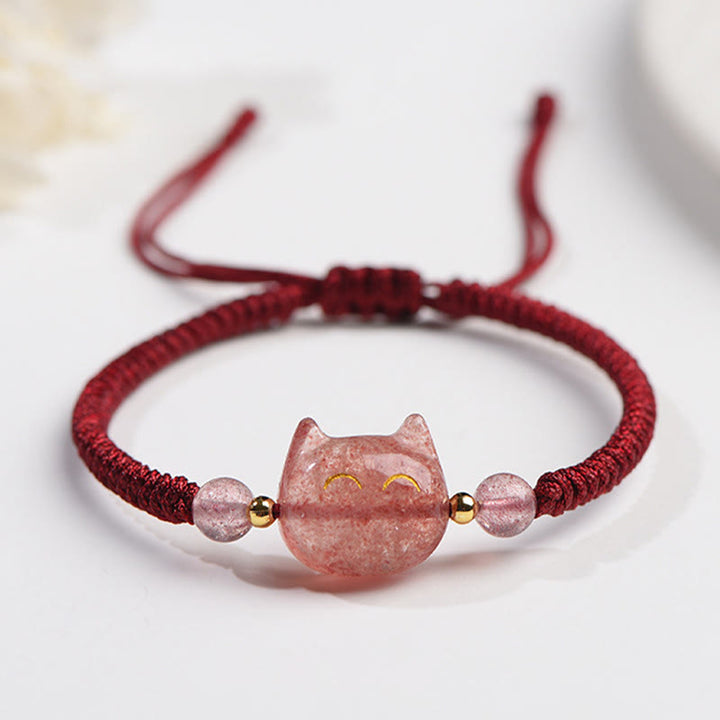 Braccialetto intrecciato con protezione per gatti carino, in ossidiana lucida d'argento naturale fatto a mano, al quarzo fragola, Buddha Stones - Quarzo fragola (Amore♥Guarigione) - Gatto sorridente - image 8