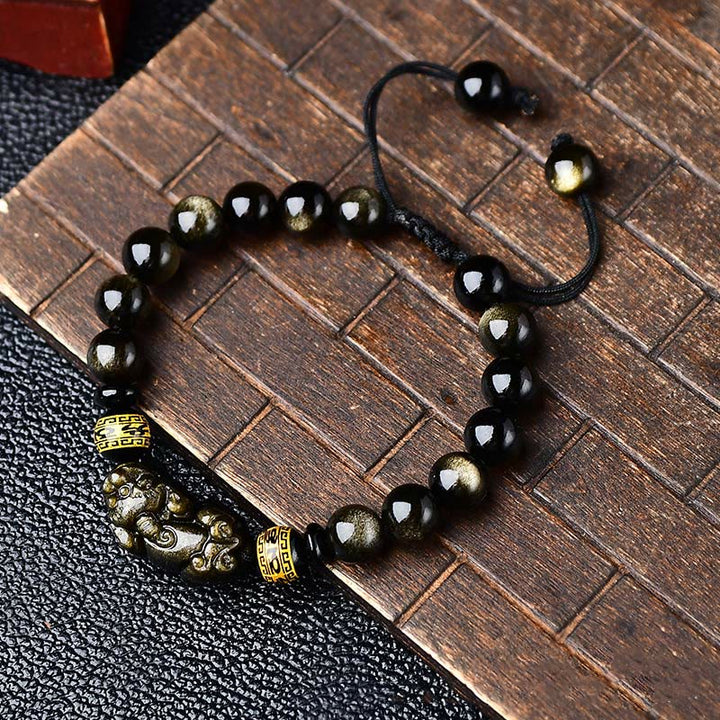 Bracciale intrecciato con Buddha Stones, lucentezza naturale dell'oro, ossidiana, PiXiu Om Mani Padme Hum, ricchezza