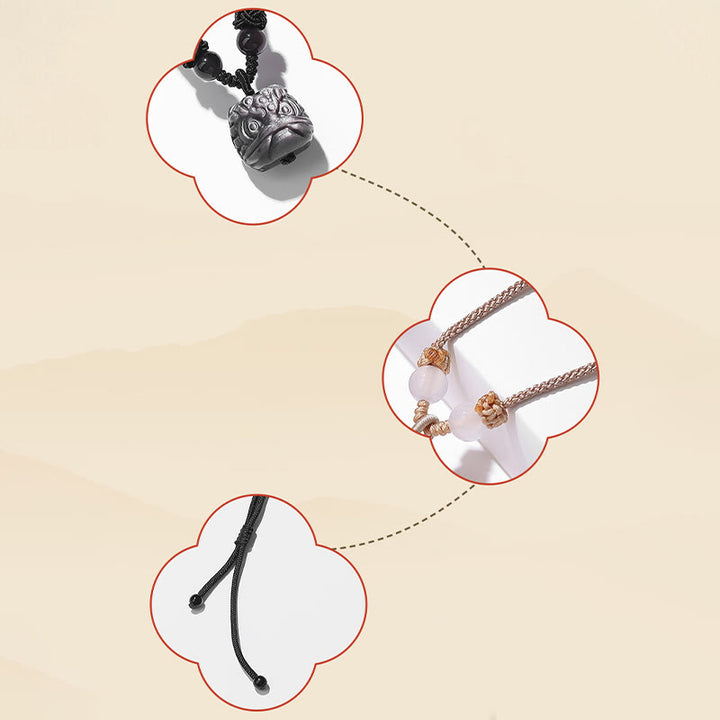 Collana con ciondolo di protezione leone danzante in agata rossa e ossidiana lucida in argento naturale Buddha Stones