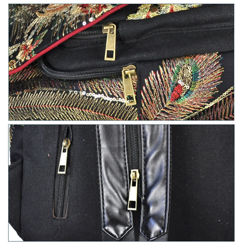 Zaino in tela con nappa e ricamo di pavone Buddha Stones