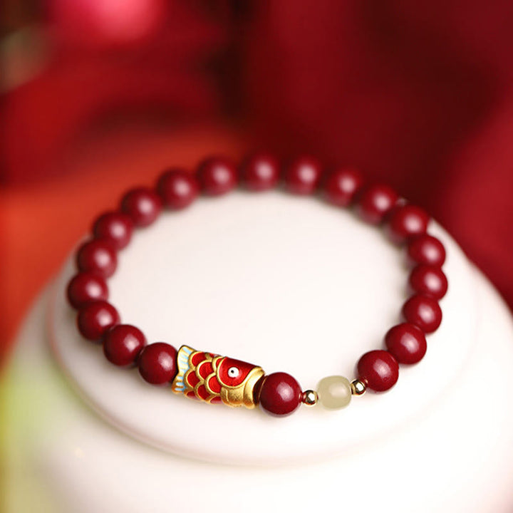 Braccialetto di benedizione con perline di giada Hetian, cinabro naturale, pesce koi fortunato, Buddha Stones