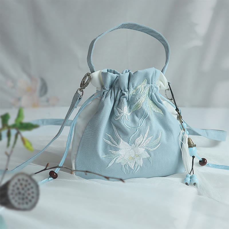 Borsa a tracolla in tela con fiori ricamati a mano con Buddha Stones