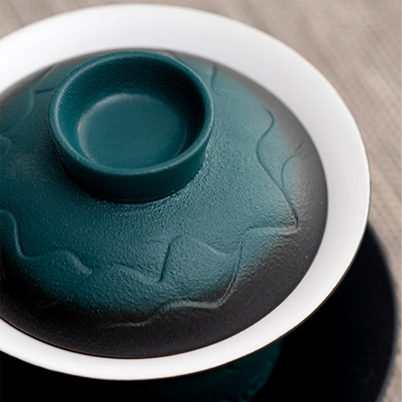 Buddha Stones Retro Blu Oceano Mare Onde Gradiente Ceramica Gaiwan Sancai Tazza da Tè Kung Fu Tazza da Tè e Piattino con Coperchio