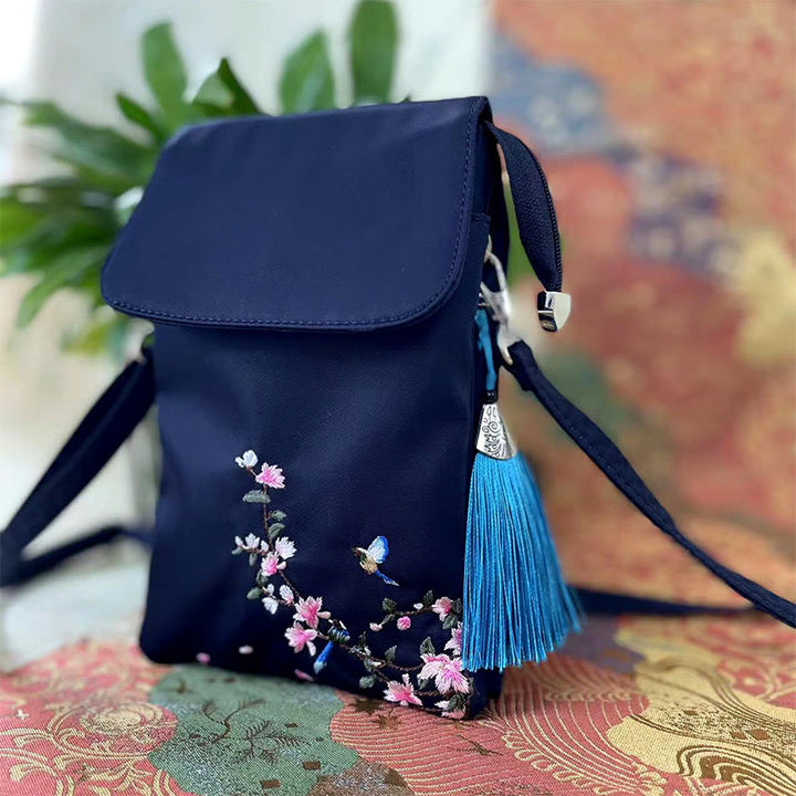 Borsa a tracolla con fiori di loto ricamati a mano, impermeabile , Buddha Stones , borsa per cellulare