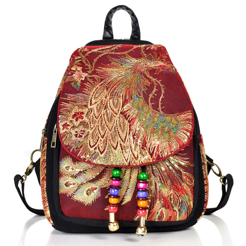 Zaino in tela con nappa e ricamo di pavone Buddha Stones