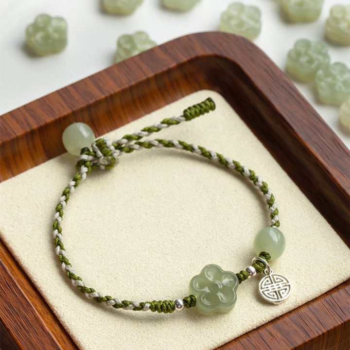 Braccialetto intrecciato con fiori di prugna fatti a mano in giada, fortuna e prosperità, Buddha Stones