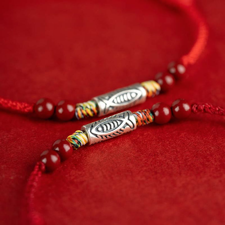 Buddha Stones 925 Sterling Silver Koi Fish Cinnabar Bead Wealth Braccialetto intrecciato artigianale Cavigliera