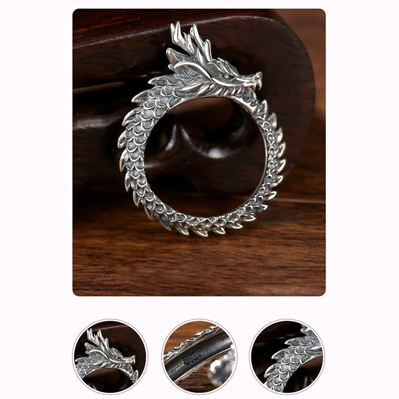 Anello regolabile Buddha Stones 925 Sterling Silver Vintage Dragon Success Protection Strength