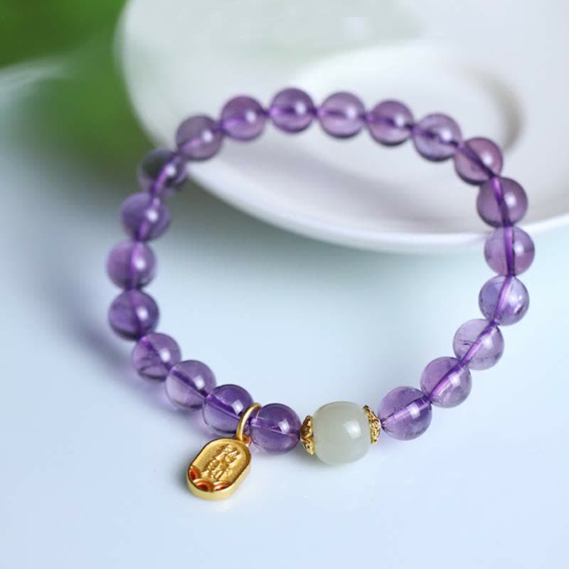 Braccialetto con ciondolo curativo in giada Hetian con cristallo di ametista naturale Buddha Stones