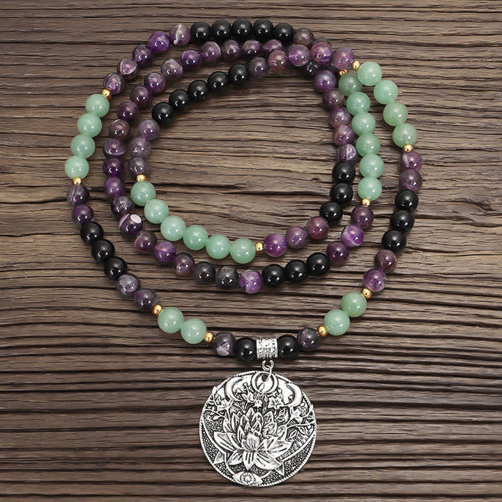 Buddha Stones 108 Mala Beads Ametista Verde Avventurina Loto Bracciale Meditazione - image 0