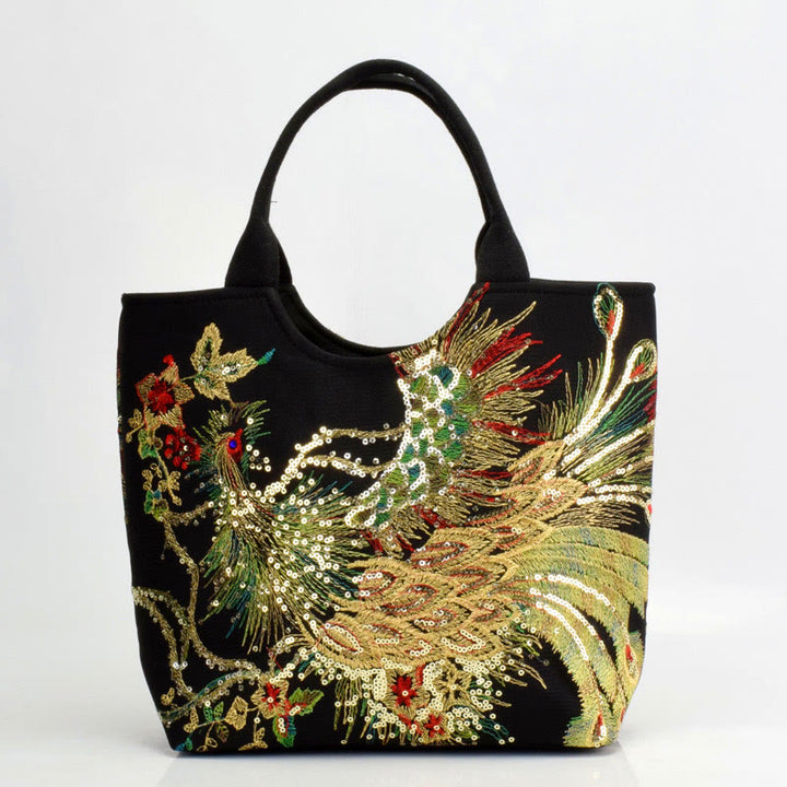 Borsa tote con ricamo a doppia faccia e motivo pavone Buddha Stones, borsa a tracolla, borsa a spalla - Pavone nero - Semplice borsa a tracolla - image 15